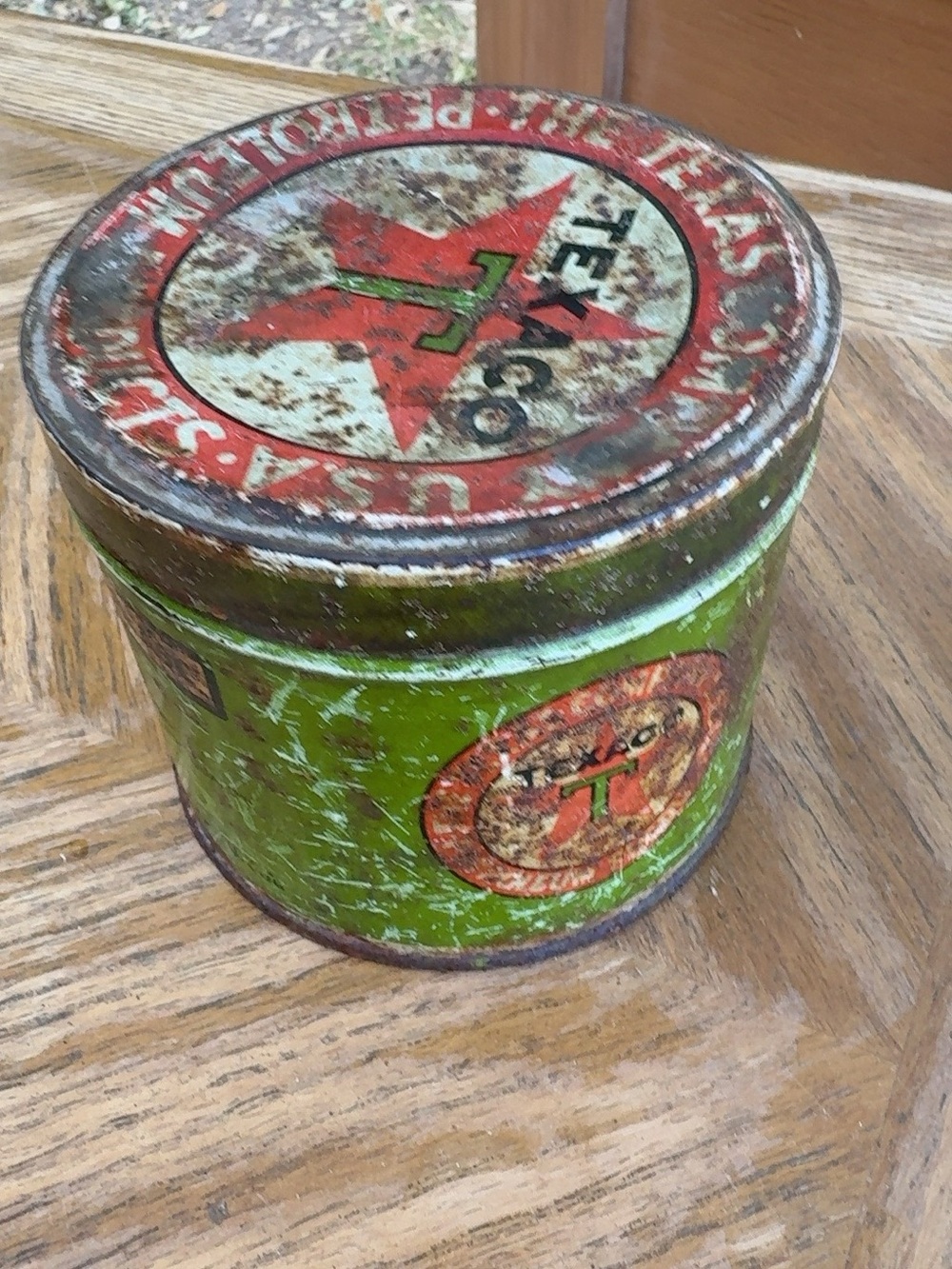 Vintage Texaco Motor Cup Grease Tin Can Gas Oil Advertising